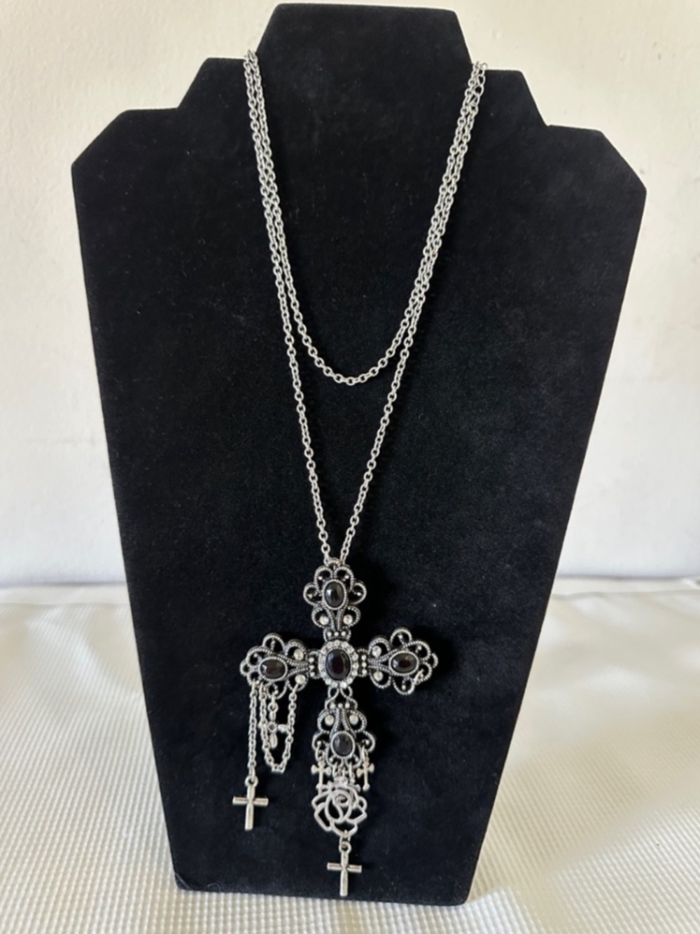 Silver-Tone Cross Pendant Necklace with Black Stones